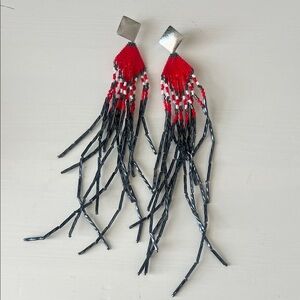 Chic Red and Black Beaded Dangle Earrings